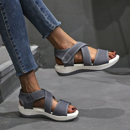 

Aayomet Flat Sandals for Women Hook&Loop Beach Shoes Wear Women s Sandals Casual Outer Sports Mesh Women s sandals Gray 8.5