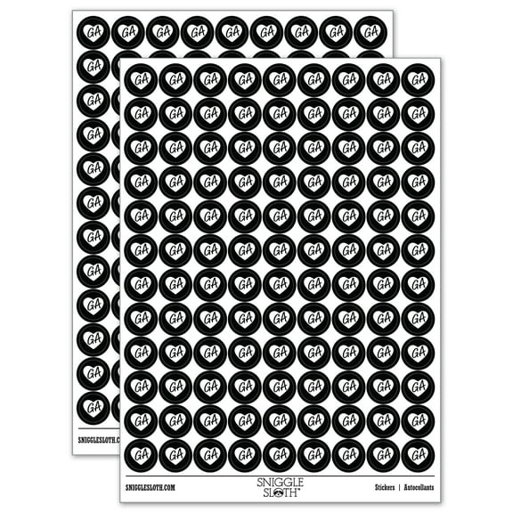 GA Georgia State in Heart 200  Round Stickers - Black - Gloss Finish - 0.50" Size