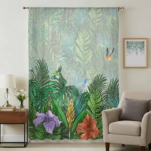 Tropical Plant Colorful Floral Sheer Curtains 96 Inches Long, Fern Print Summer Birds Light Filering Curtains, Privacy Drapes Simi Floor to Veiling Curtain for Living Room Large Window Treatment