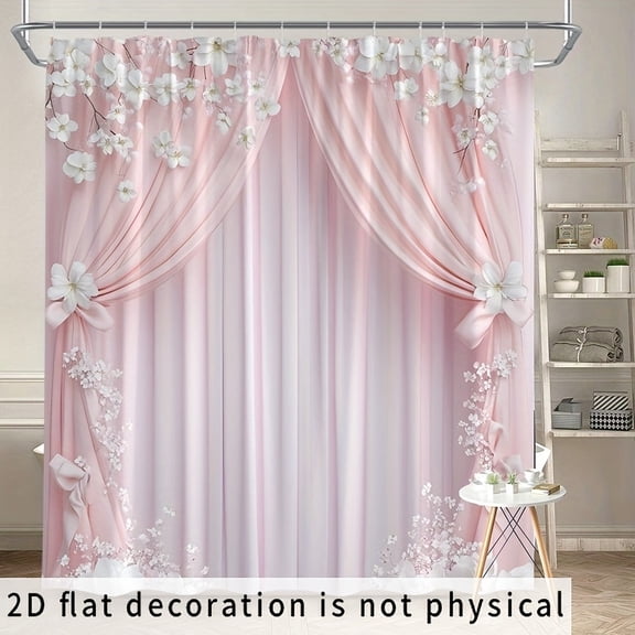 Pink Curtain White Cherry Blossom Floral Romantic Print Shower Curtain With Hooks Soft Aesthetic Bathroom Decor