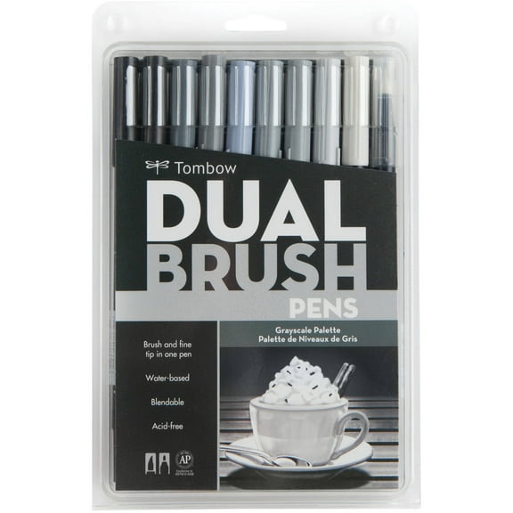 Tombow 56171 Dual Brush Pen Art Markers, Grayscale, 10-Pack