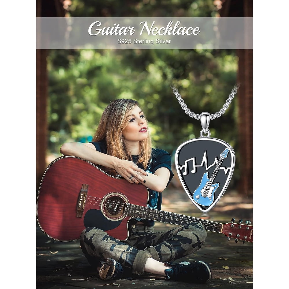 CACA LADY Black Guitar Pick Holder Necklace Sterling Silver Soundwave Pendant Holder with Music Note Pendant Jewelry for Musicians and Music Lovers, Blue