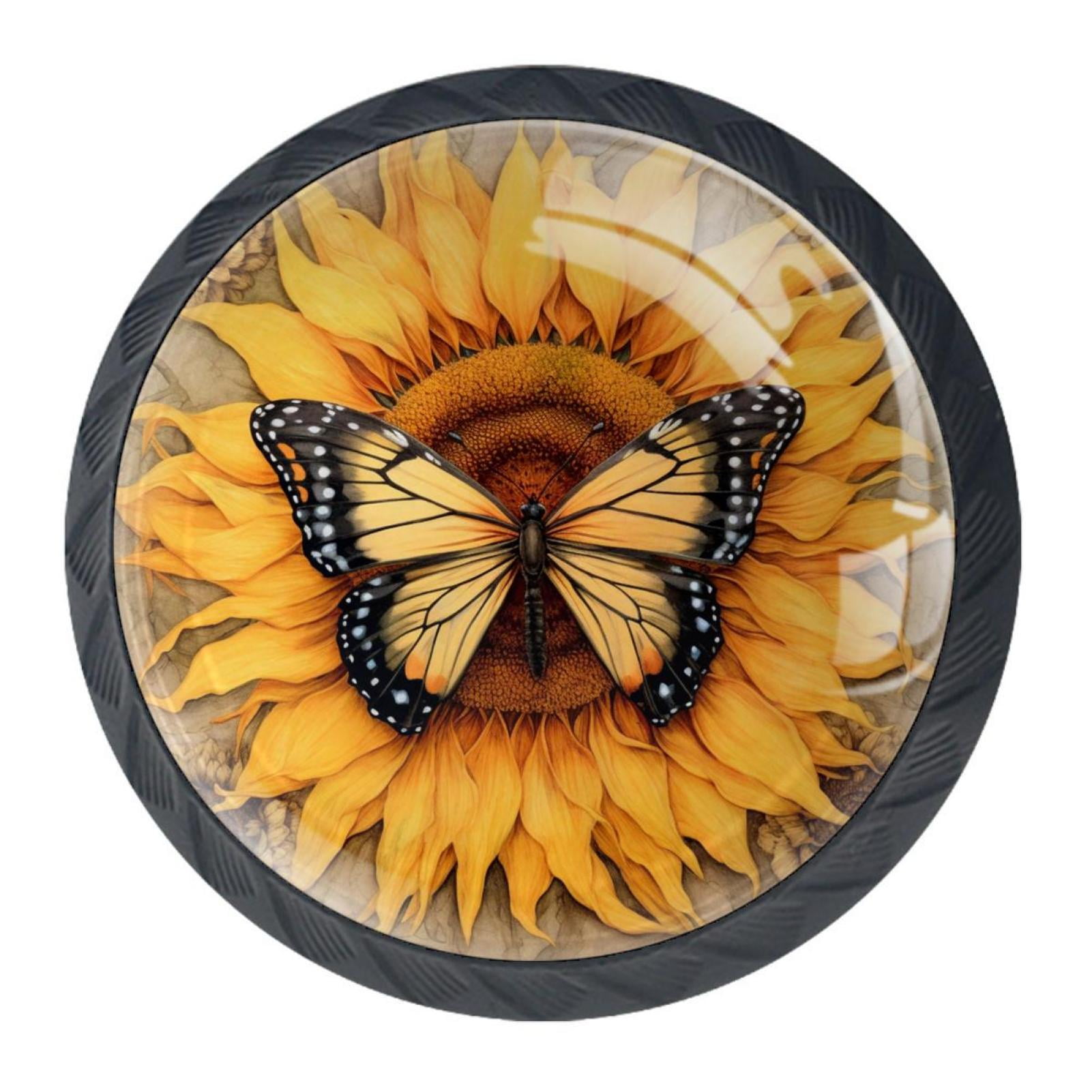 HemaKayy 4 Pack 1.37" Decorative Cabinet Knobs - Durable ABS Glass Handles for Home, Kitchen, Bedroom, and Furniture Decor | Unique Design Pulls for Drawer Doors | Sunflower and Yellow Butterfly