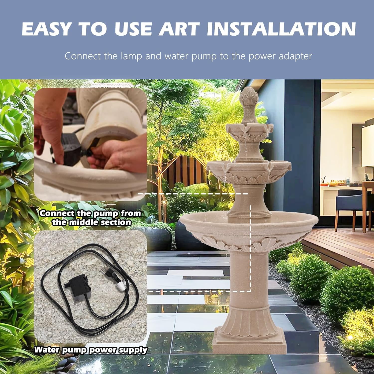 Grepatio Italian Outdoor Water Fountain, 48" H Waterfalls with Pump, 3-Tier Roman Pillar Garden Fountain, Indoor/Outdoor Modern Floor Standing Water Fountains for Garden, Patio, House Decor