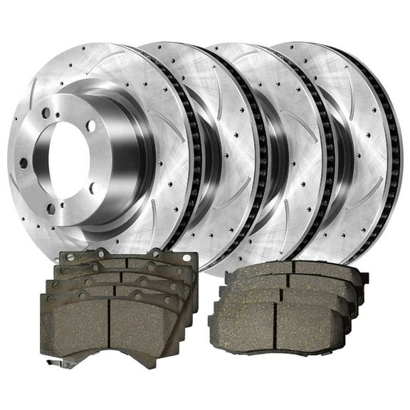 AutoShack Front & Rear Drilled & Slotted Brake Rotors Ceramic Brake Pads | Replacement for Toyota Tundra Sequoia Land Cruiser Lexus LX570 4WD | Zinc Coated | 12-PC Brake Kit | SilverShield Pro