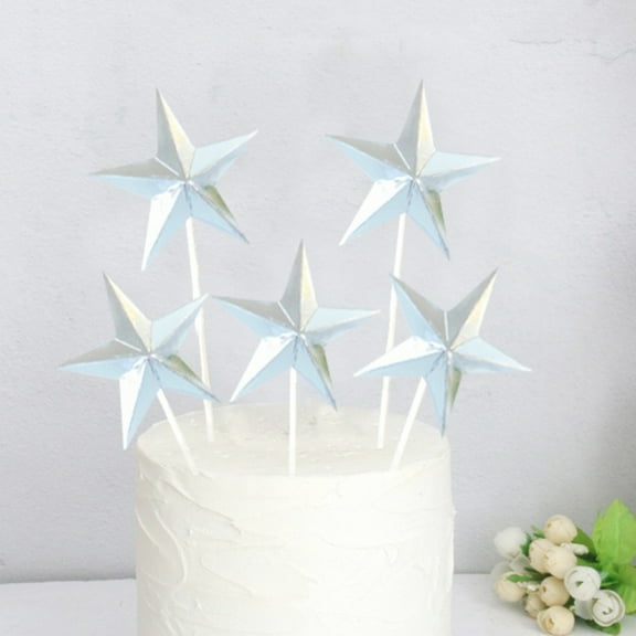 FRCOLOR Silver 3D Star Cake Picks for Party Cupcake Decor Birthday Celebration Supplies AluminiumFoil Paper Safe for Use 60pcs