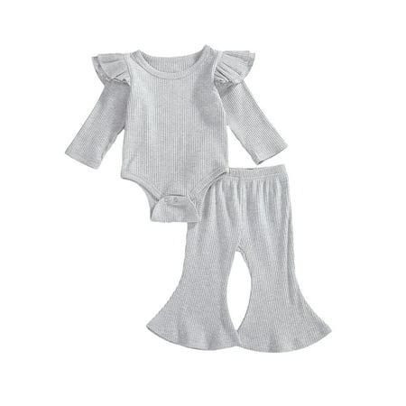 

One opening Baby Girls 2PCS Romper Ruffle Long Sleeve Round Neck Button Elastic Band Long Pants Set