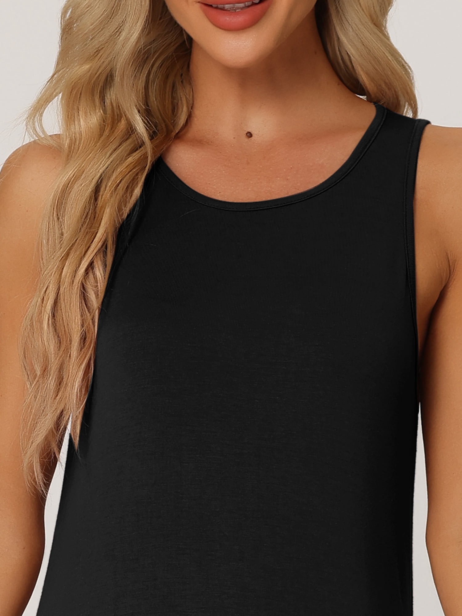 DARING DIVA Women's Sleeveless Tank Dress Basic Nightgown with Pockets L Black