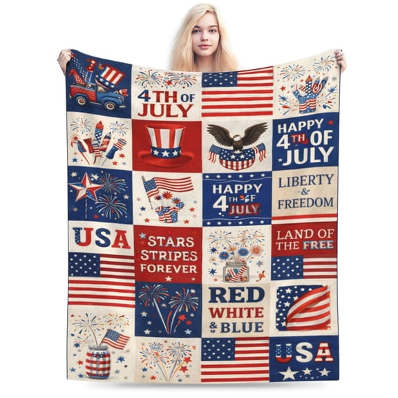 Fourth of July Blanket Gift Patriotic USA Pattern Blanket Throw Blanket Cozy Soft American Flag Fireworks Home Decor Gift for Family Friends 50x40