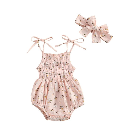 Baby Girls Floral Print Sleeveless Spaghetti Strap Bodysuit+ Hair Band