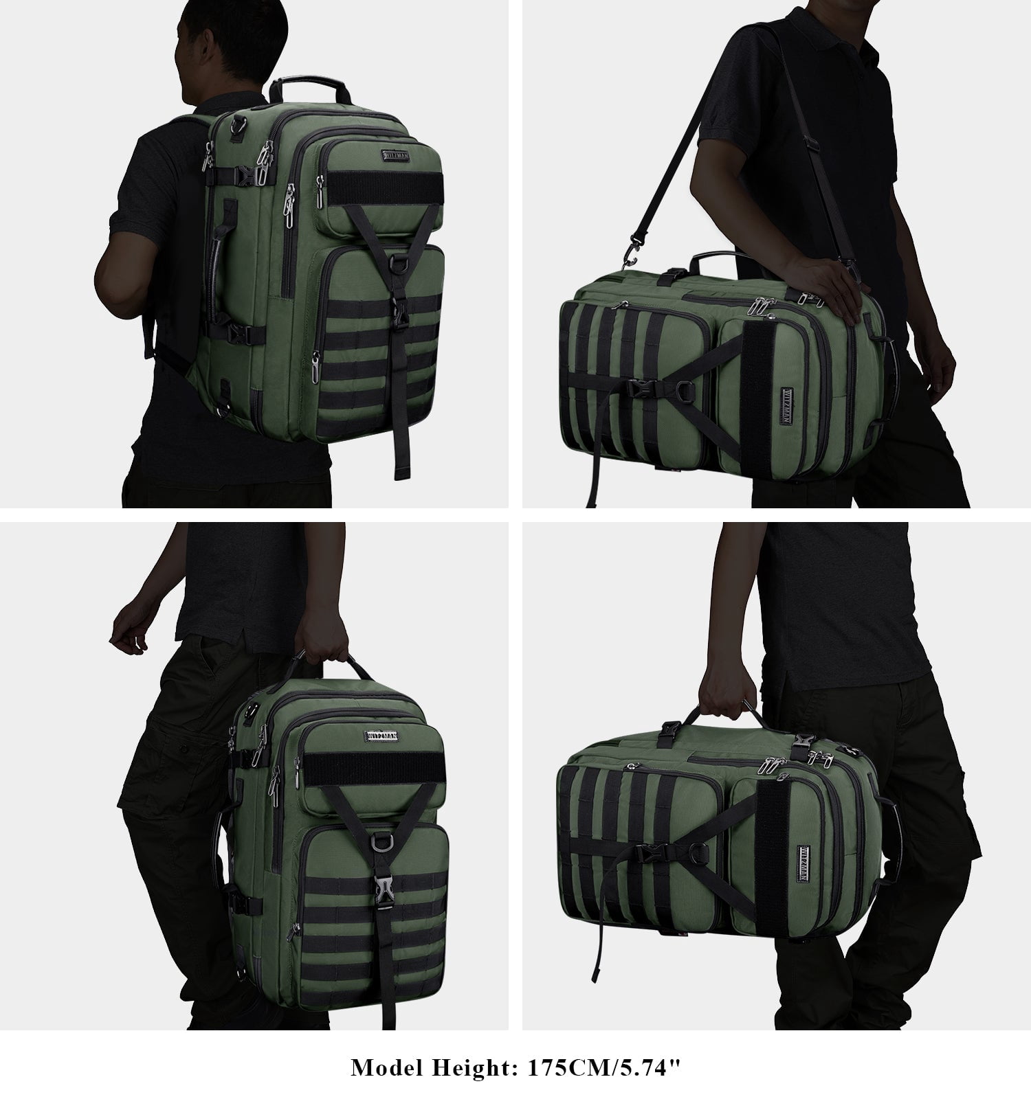 WITZMAN Carry On Travel Backpack for Men Convertible Nylon Backpack 3 in 1 Bag fit 17 Inch Laptop for Airplane 45L,B688 Army Green