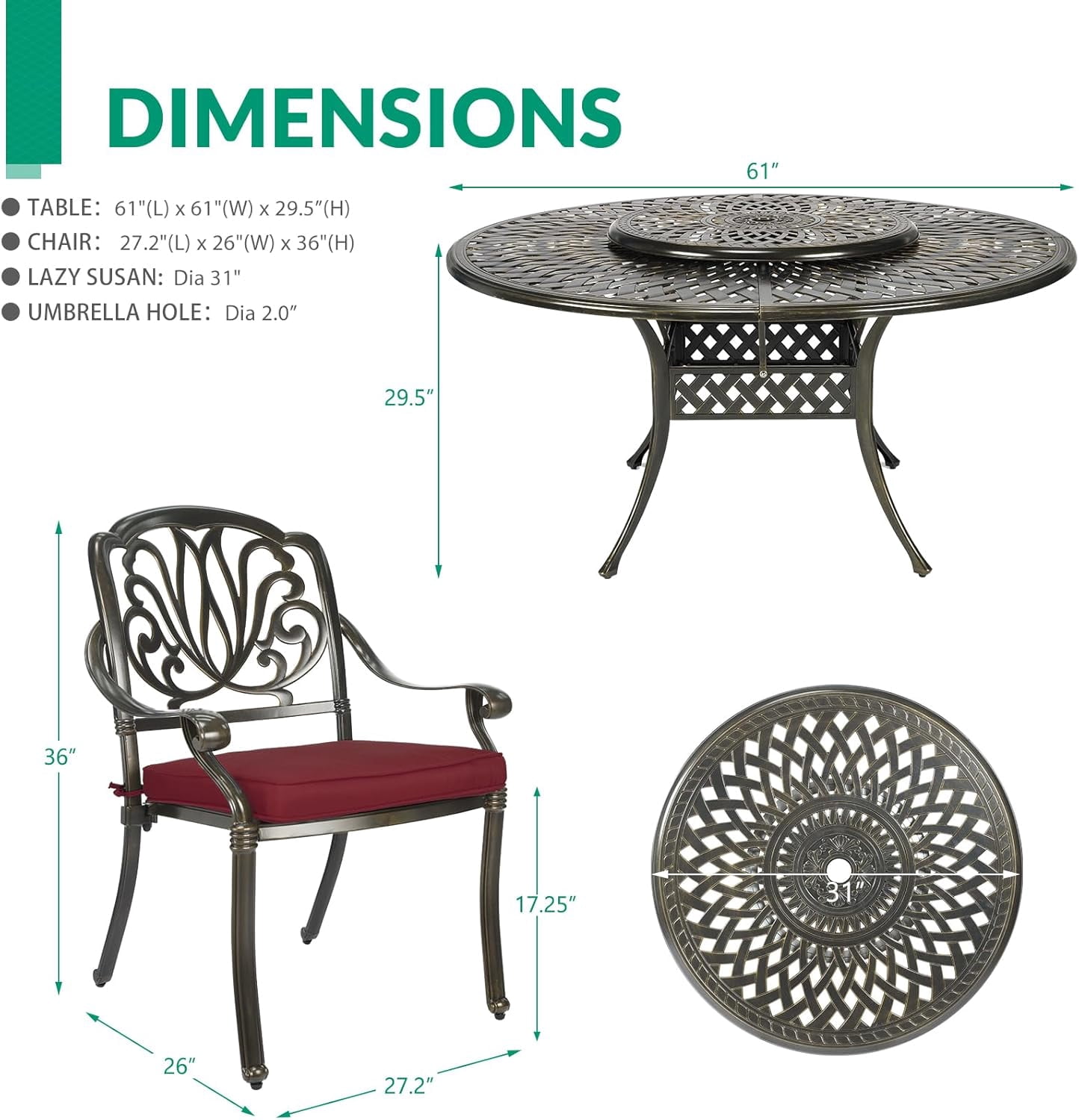 VIVIJASON 9-Piece Patio Furniture Dining Set, Cast Aluminum Rust-Free Outdoor Conversation Set, Include 61" Round Dining Table with 31" Lazy Susan & 8 Cushioned Chairs, Umbrella Hole, Red