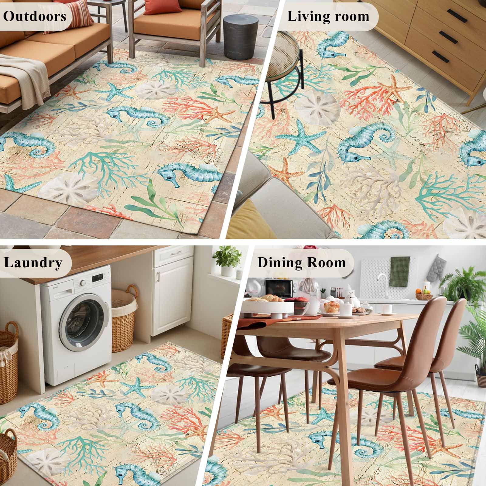 Area Rugs for Living Room Bedroom, Teal Red Coastal 4'x6' Rug Washable Carpet Runner Indoor Outdoor, Nautical Seahorse Beach Coral Starfish Beige Non Slip Accent Floor Mats Rug for Kitchen, Office