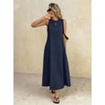 thumbnail image 3 of Navy Blue Solid Round Neck Sleeveless Loose A-Line Maxi Dress For Women, 3 of 7