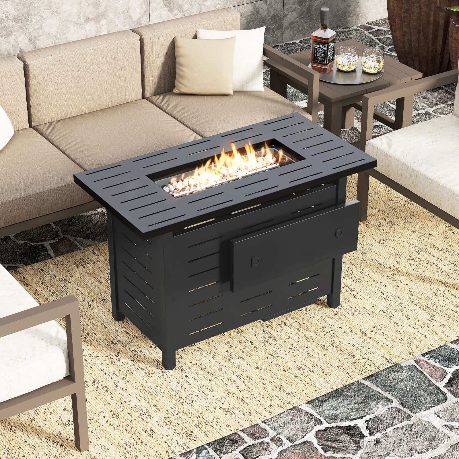 Costway 40-Inch Outdoor Propane Fire Pit with Lava Rocks Removable Lid & Protective Cover Black