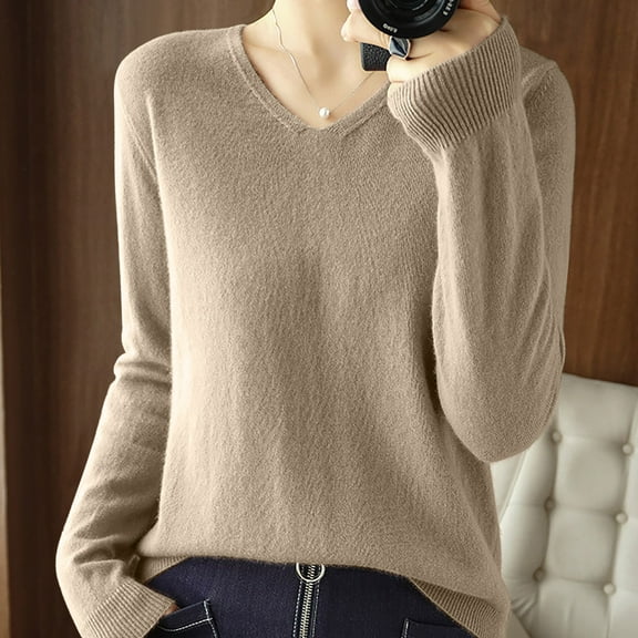 absuyy Sweaters for Women V-neck Long Sleeve Casual Solid Color Knitted Winter Warm Sweaters for Women Khaki Size L