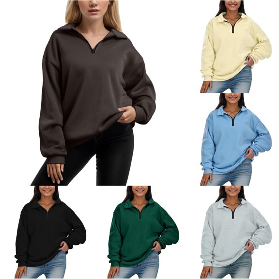 WAYUTE Womens Sweatshirt Oversized Quarter Zip Sweatshirt Long Sleeve Solid Color Pullover for Ladies Everyday Fall Blouse Fashion Clothes Casual Outdoor,Brown,XL