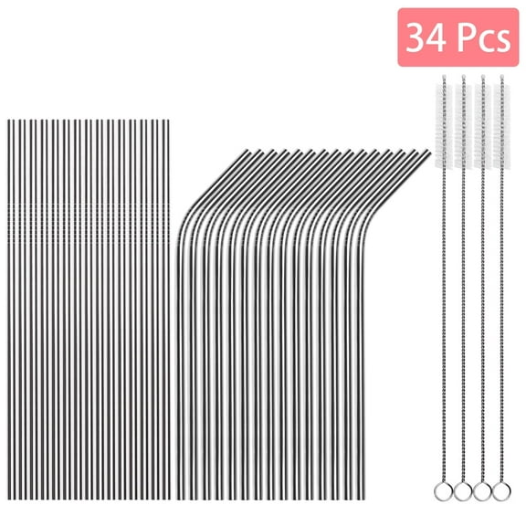 Tomorotec Reusable Metal Straws 30 Pack, Stainless Steel Drinking Straws, Straw Bulks for Smoothies Tumblers Cocktail MilkShake,Set of 15 Straight and 15 Bent with 2 Cleaning Brushes, Silver