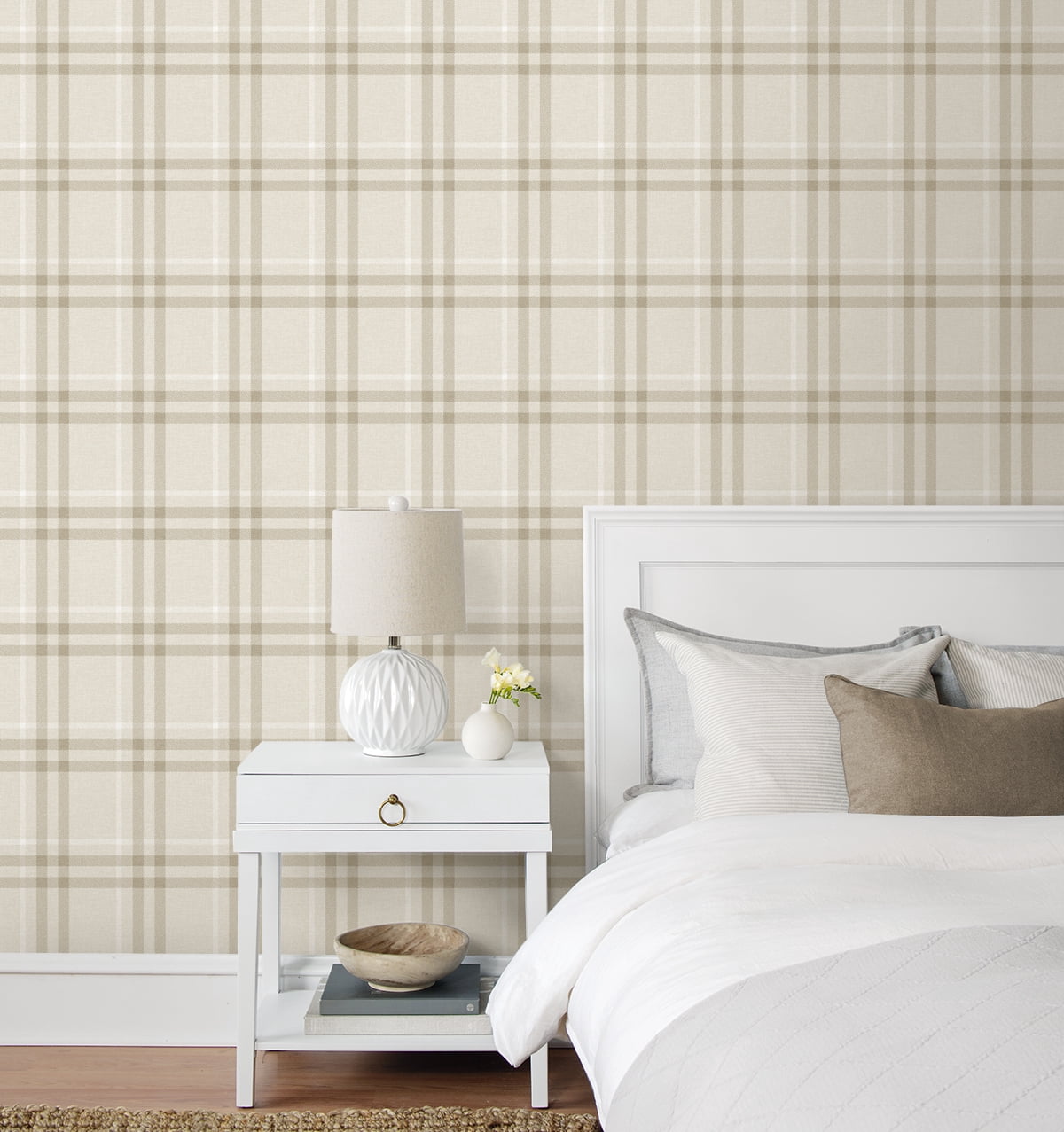 NextWall French Vanilla Calverlay Plaid Peel and Stick Wallpaper - 20.9 in. W. x 18 ft. L. Roll