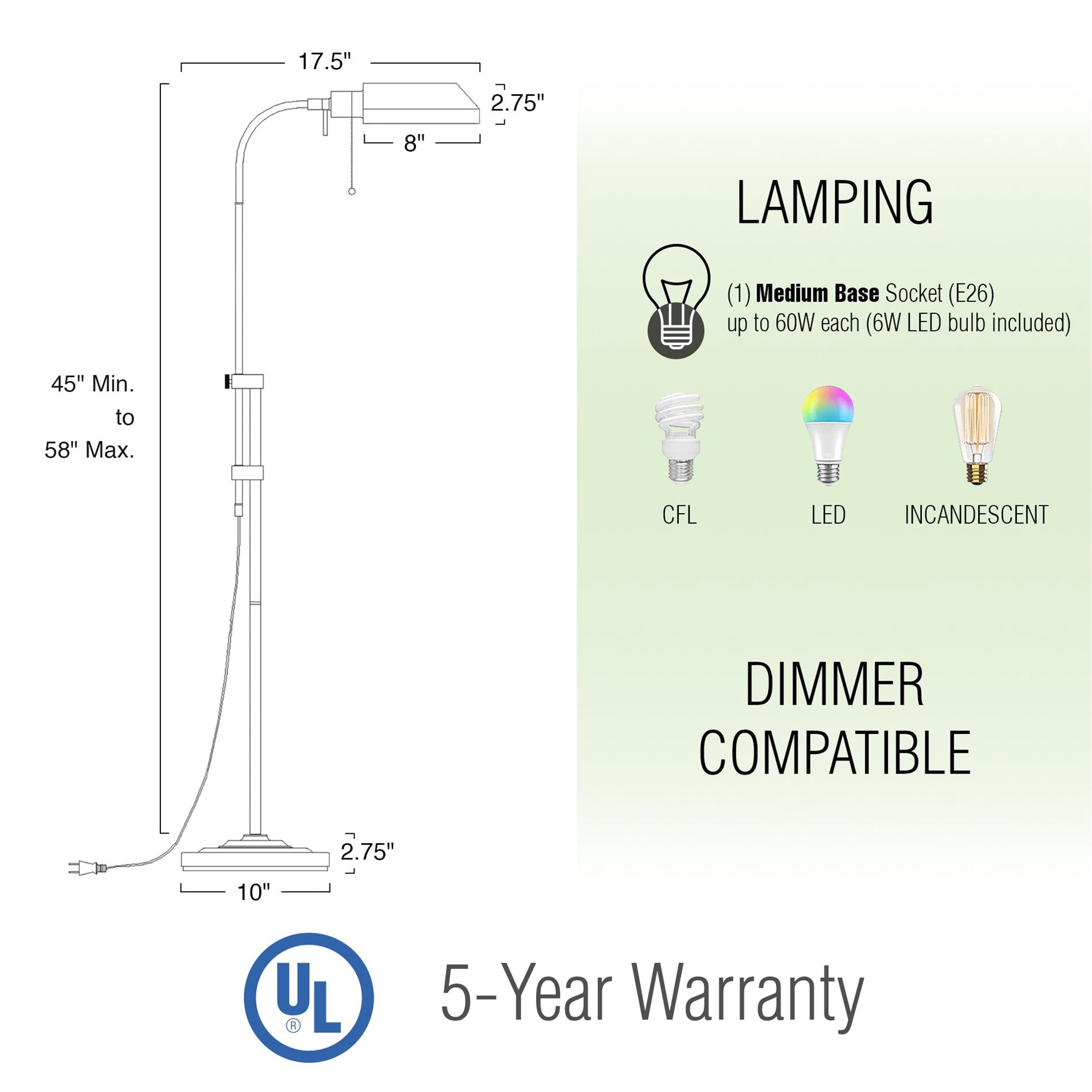 Kira Home Prescott 58" Adjustable Standing Pharmacy Floor Lamp, Includes 6W LED Bulb, Pivot Head for Hobby/Precise Task