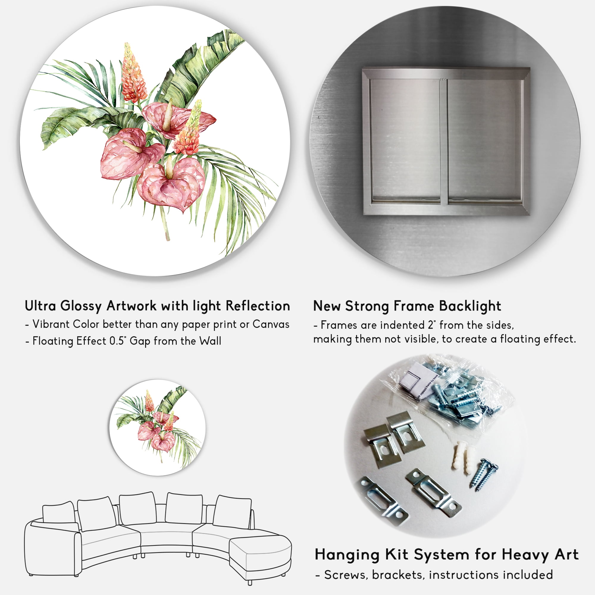 Designart 'Tropical Bouquet With Anthurium Lupine and Leaves On White II' Traditional Circle Metal Wall Art 23x23 - Disc of 23