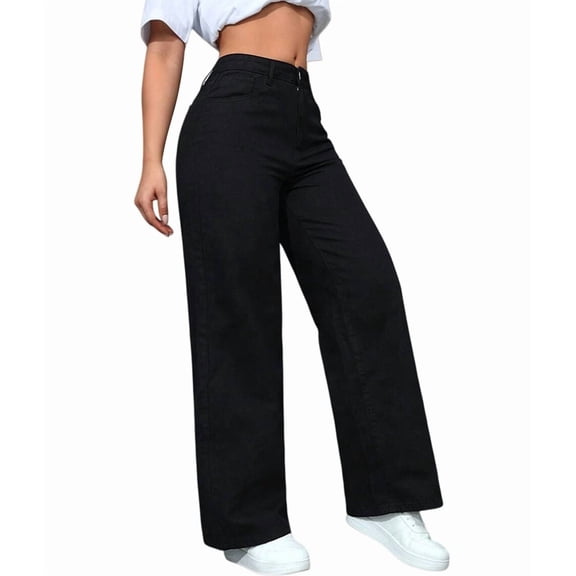Women Straight Leg Jeans High Waisted Stretchy Wide Leg Boyfriend Jeans Denim Pants Black L