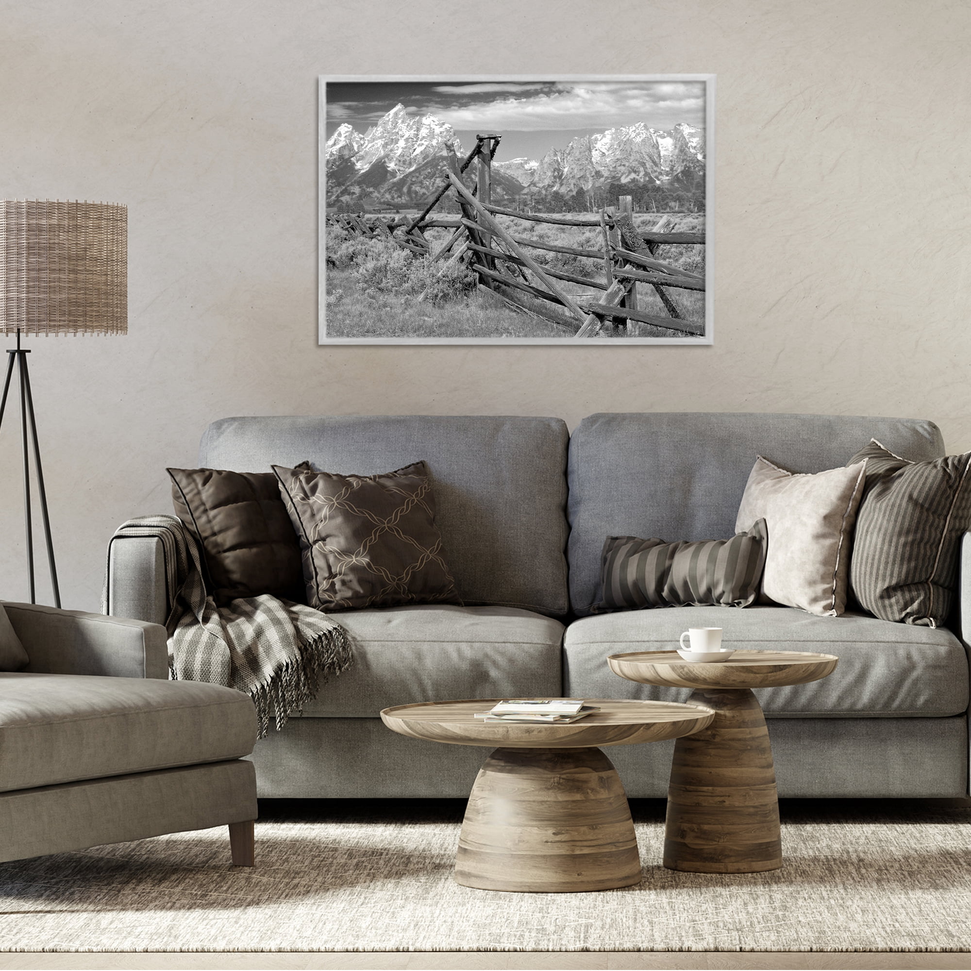 Grand Tetons Mountains & Fence Gray Framed Giclee Art, design by MJ Photography