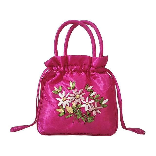 Portable Makeup Organizer Ethnic Style Drawstring Handbag Elegant Flower Pattern Large Capacity Faux Silk Portable Handle Women's Bucket Bag Makeup