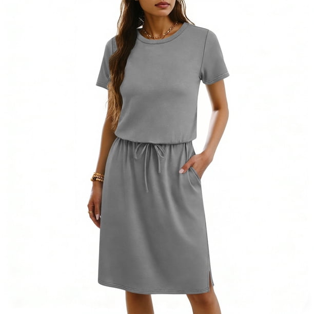 TaTaai Women's Round Neck Drawstring Waist Midi Dress Solid Color Casual Short Sleeve Dress Lightweight Stretchy Polyester Blend Gift