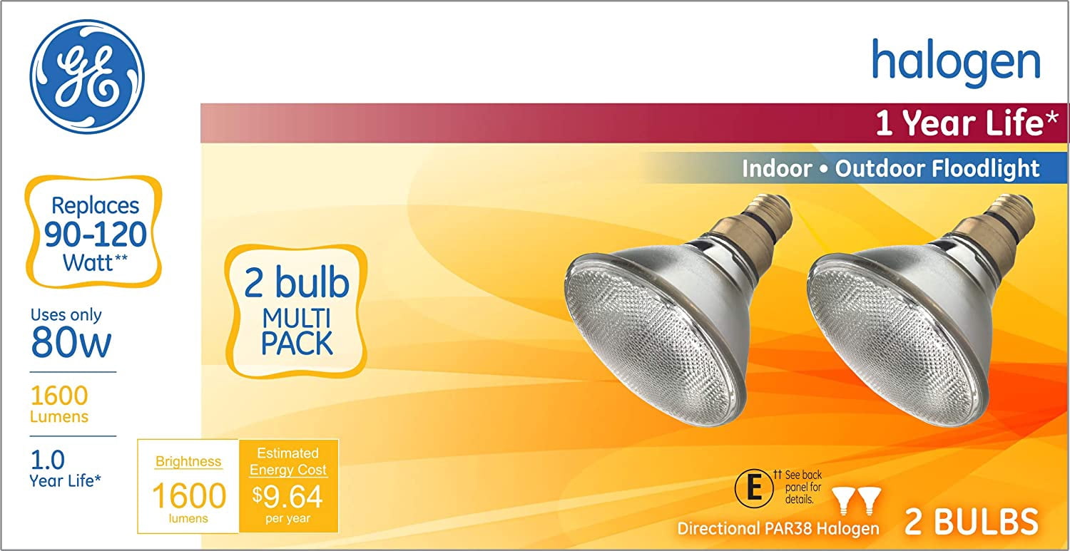 GE Lighting Halogen PAR38 Indoor and Outdoor Flood Light Bulbs, 80-Watts, 1600 Lumen, Medium Base, White, 2-Pack