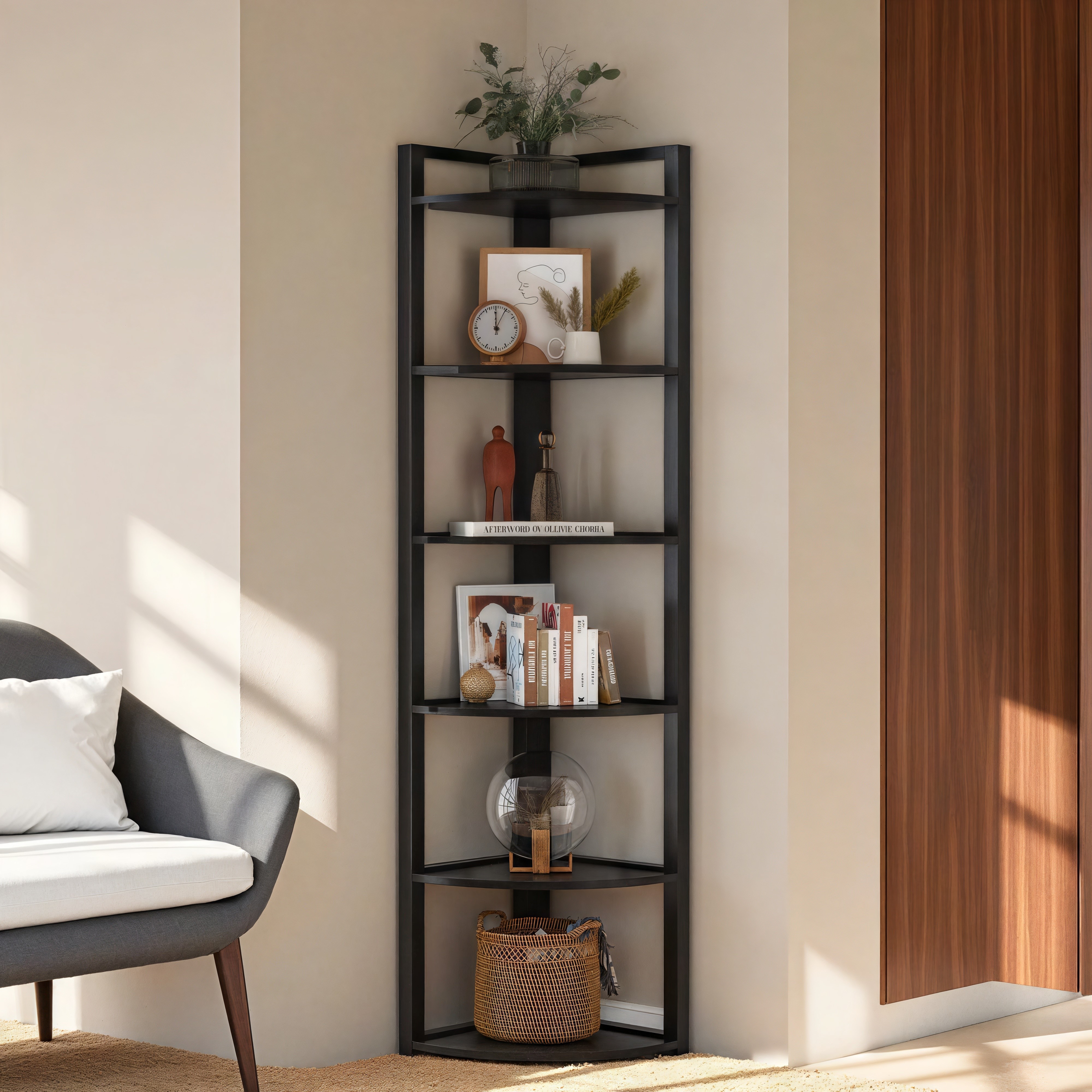Fnova 70.9" 6-Tier Corner Shelf, Rustic Corner Bookshelf, Compact Storage Rack for Living Room, Home Office, Kitchen