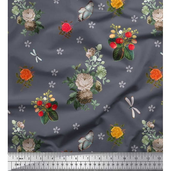 Soimoi Cotton Duck Fabric,Strawberry & Peony Floral Print Sewing Fabric Yard 56 Inch Wide