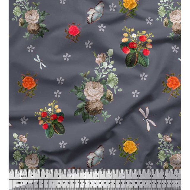 Soimoi Georgette Viscose Fabric,Strawberry & Peony Floral Print Fabric by The Yard 42 Inch Wide