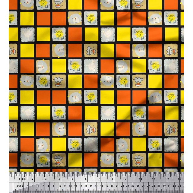 Soimoi Poly Crepe Fabric Geometric Square,Text & Bear Face Kids Print Fabric by Yard 42 Inch Wide