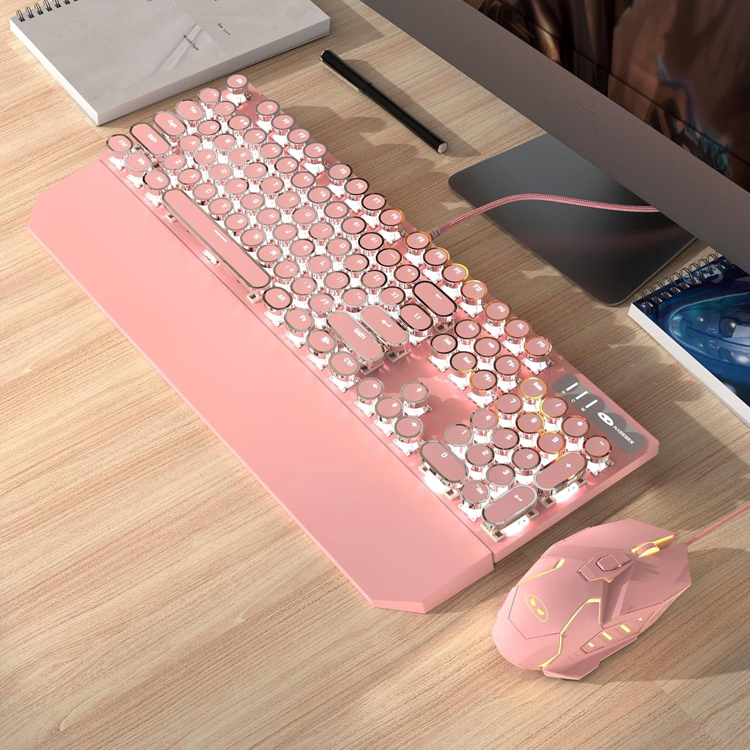 Typewriter Mechanical Gaming Keyboard and Mouse Combo, Retro Punk Round Keycaps Rgb Rainbow Backlit Wired Keyboard for Game and Office