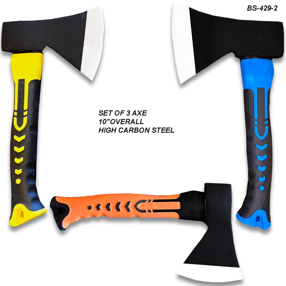 Camping Axe Set of 3, 10 Inch with Carbon Steel Head, Yellow, Orange, and Blue Handle, High Carbon Steel and Rubber Grip