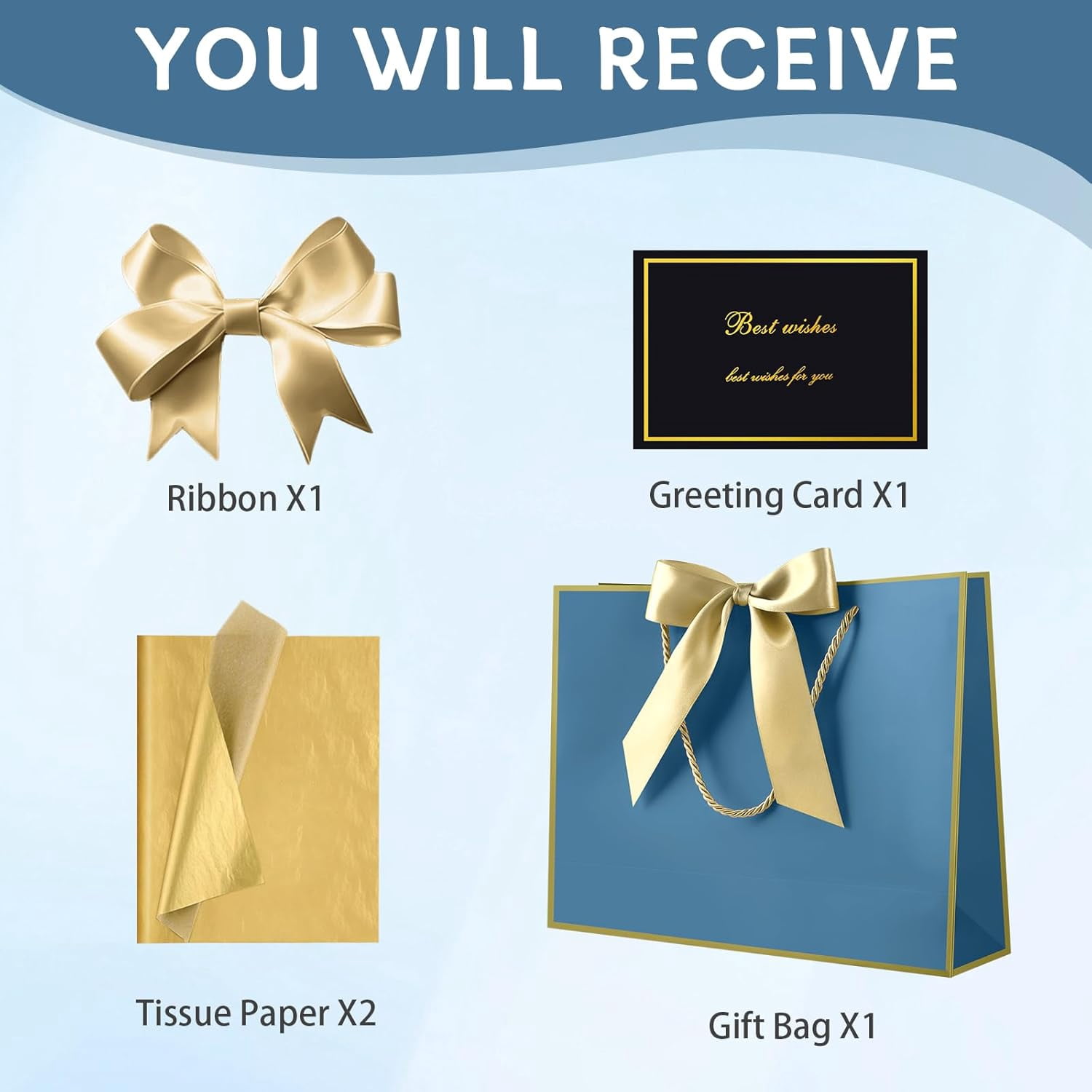 Handle gift bag, 13-inch medium gift bag, for gifts, 1 piece with 2 pieces of tissue paper and 1 greeting card, suitable for baby party, wedding, bride party, Mother's Day, birthday party (gold blue)