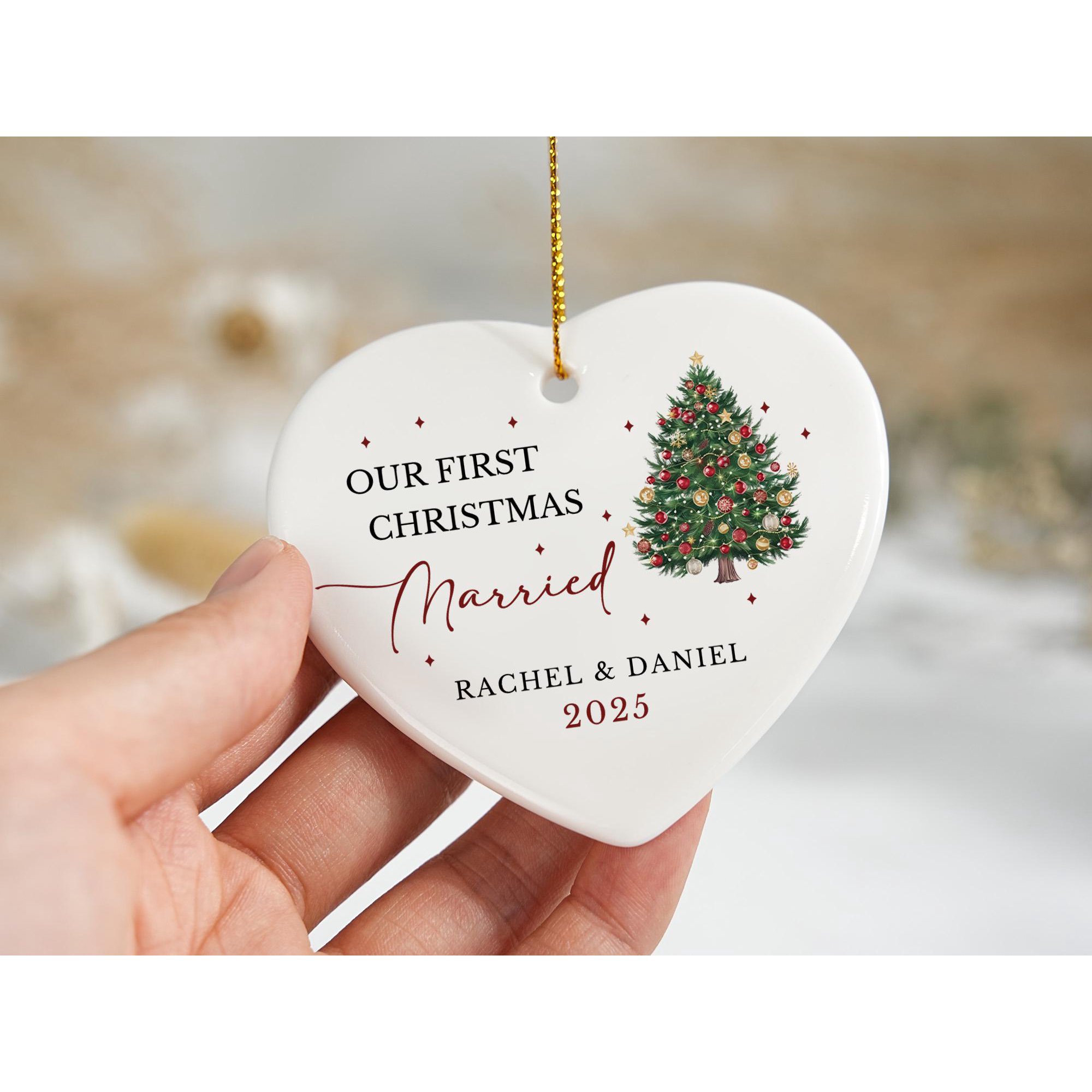 Personalized First Christmas Engaged Ceramic Ornament with Custom Couple Names and Date, Romantic Engagement Keepsake and Holiday Gift for Partners