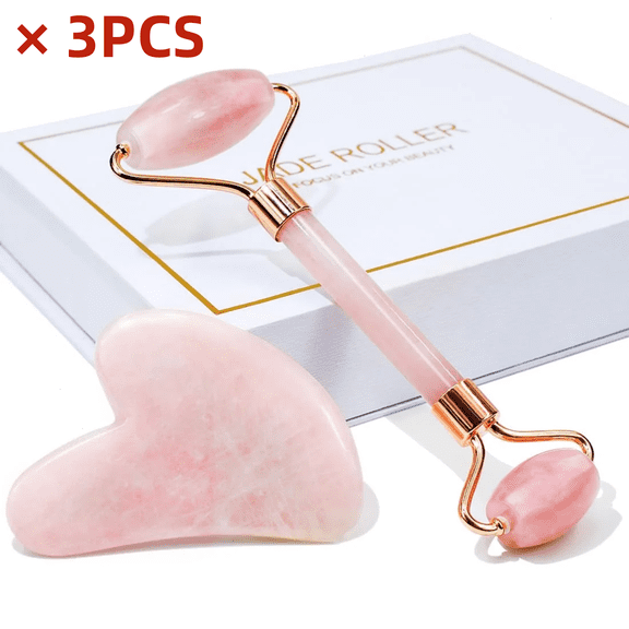 3Pcs Gua Sha & Jade Roller Facial Tools Face Roller and Gua Sha Set for Puffiness and Redness Reducing Skin Care Routine, Self Care Gift for Men Women - Pink