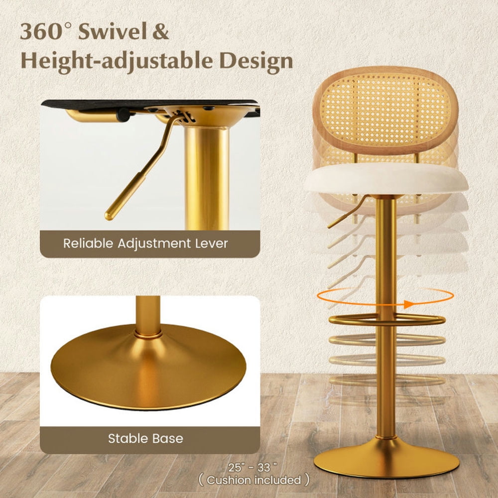 Demi Bonn 2 Pieces Bar Chairs with PE Rattan Backrest, 360°Swivel and Height Adjustable Modern Dining Chair, Gold