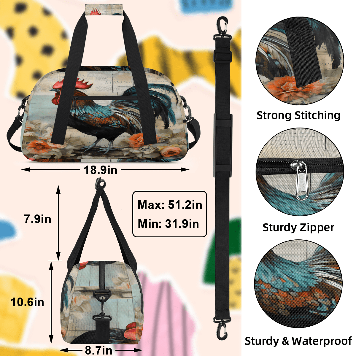 Herdesigns Sports Duffle Bags Travel Duffle Bag Gym Bag Retro Cock Weekender Travel Bag Waterproof Overnight Bag Carry On Travel Tote Bag Dance Bags