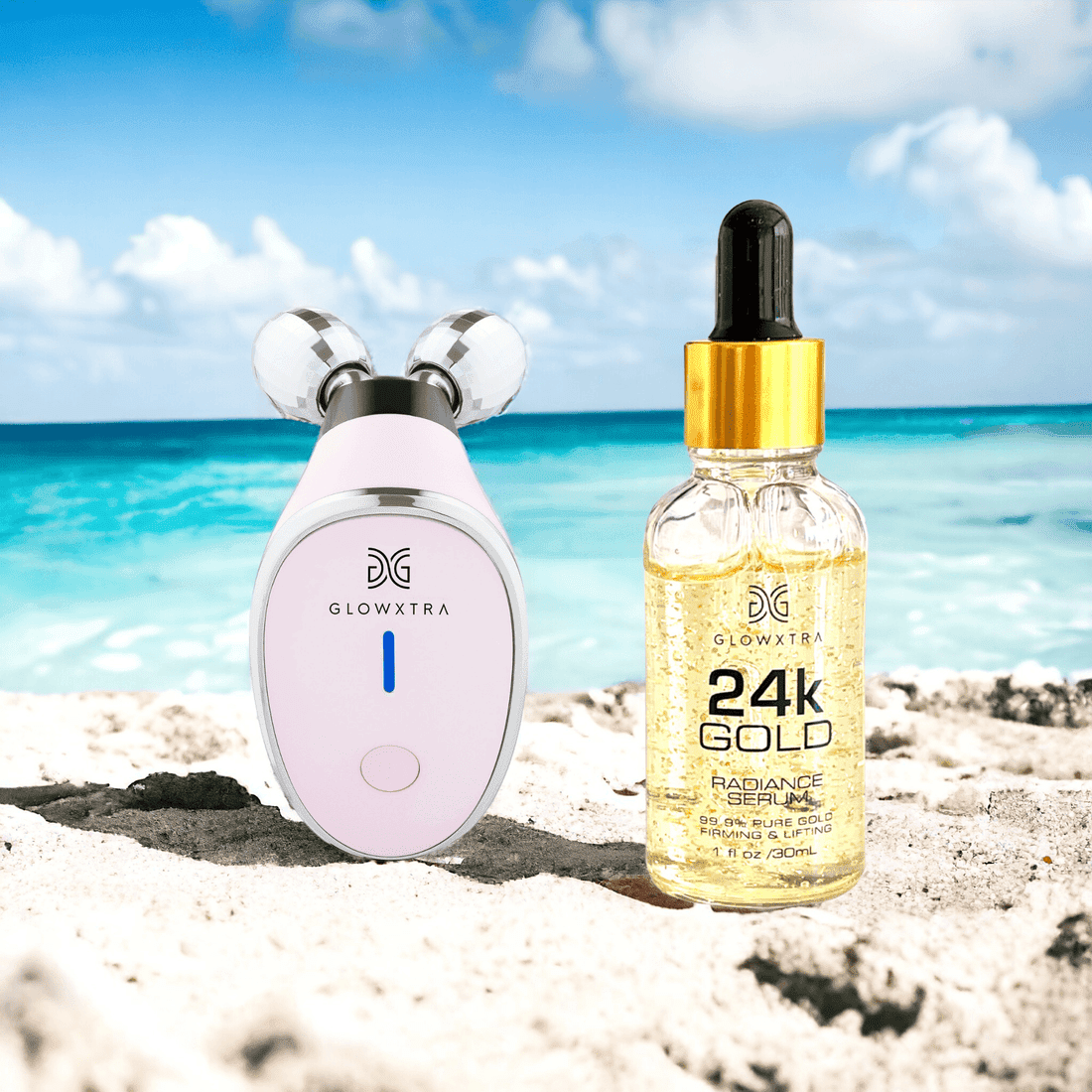 Golden Glow Set: Microcurrent Facial Roller + 24K Gold Serum (Pink Roller)