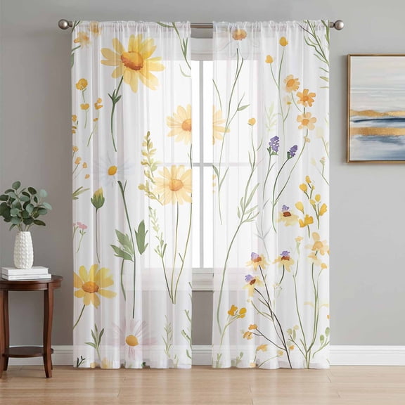Yellow Daisy Floral Semi Sheer Window Curtains 84 Inches Long, Spring Rustic Botanical Flowers Rod Pocket Voile Chiffon Curtain Light Filtering Drapes for Living Room, Kitchen, 52"x84", 2 Panels