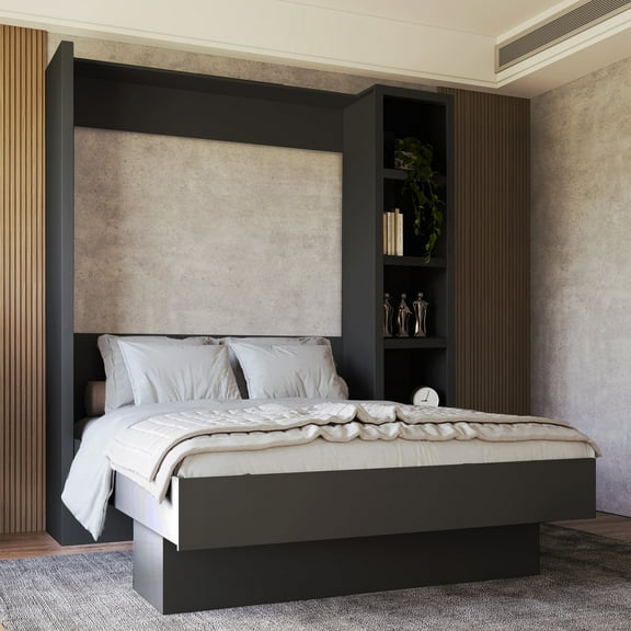 Easy-Lift Queen Murphy Wall Bed in Black with Bookshelf