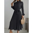thumbnail image 3 of ZOELNIC Women's Mock Neck Long Sleeve Dress High Waist Belted Pleated Flowy A-Line Cocktail Party Maxi Dress, M, 3 of 6