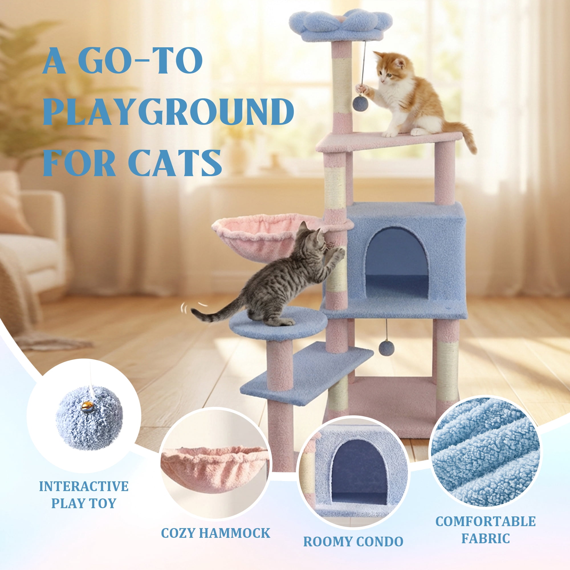 Blue Flower Cat Tree, 56" Multi-Level Cat Tower with Large Condo, Removable Flower Cushion & Hammock, Sisal Scratching Posts for Indoor Cats