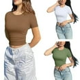 thumbnail image 2 of Women Short Sleeve Neck Ruched Side Fitted Crop Top Solid Color Casual Workout Bodycon Basic Stretch T-Shirt, 2 of 8
