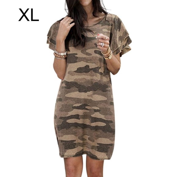 Women Dress Camouflage Print Long T-shirt Short Loose Breathable Dress Camouflage Sleeve Loose Dress, Khaki, XL