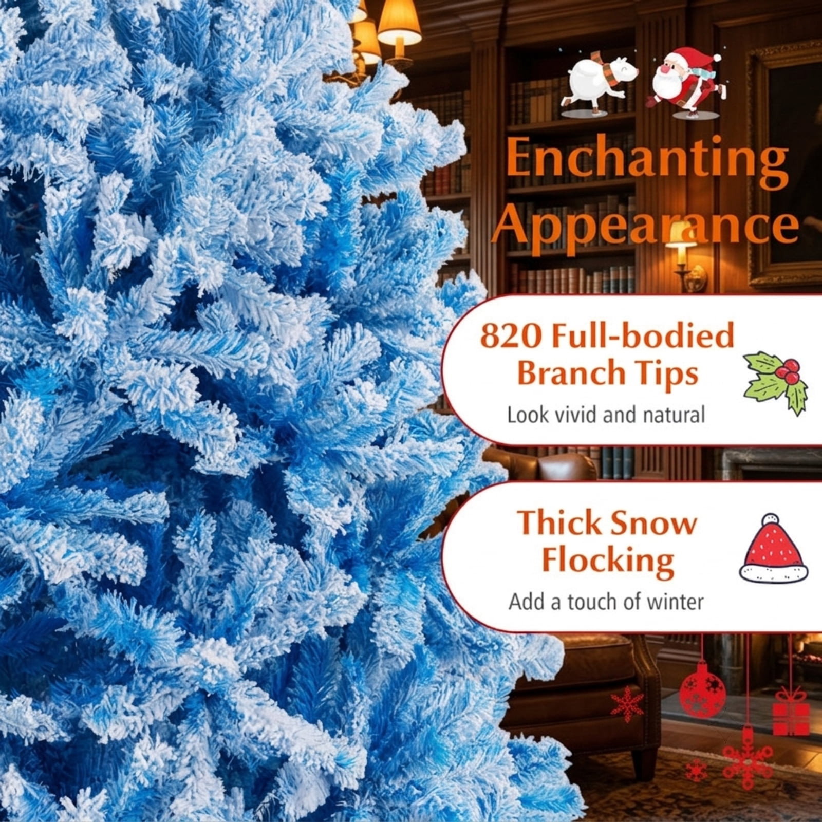 RUIE 6 ft White Blue Gradient Christmas Tree, Flocked Hinged Artificial Xmas Tree with 820 Branch Tips and Folding Metal Stand