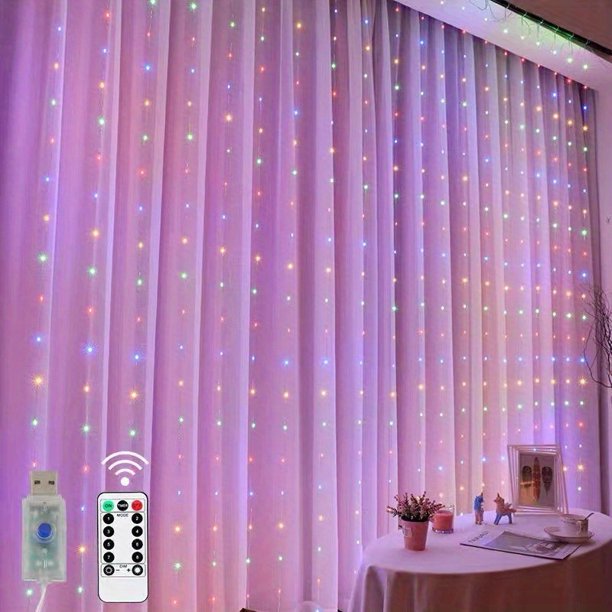 1pc 9.8ft X 9.8ft 300 LED Curtain String Lights, 8 Modes Fairy Copper Light With Remote, USB Powered Waterproof For New Year Christmas Bedroom Party, Wedding Home Garden Wall Decorations